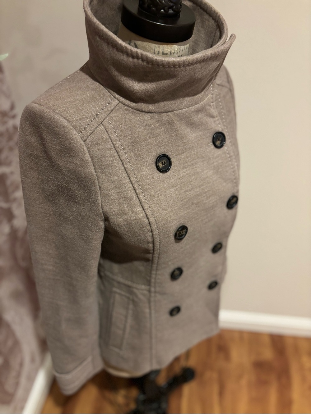🍁H&M Taupe Funnel Neck Military Pea Coat | Double Breasted | Size 6 🍁